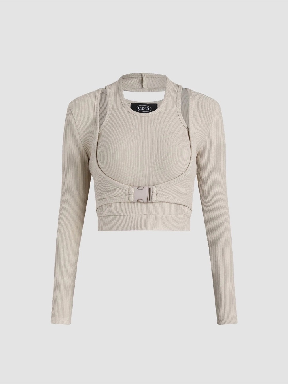Cider Neutral Beige Ribbed Buckle-Front Crop Sweatshirt